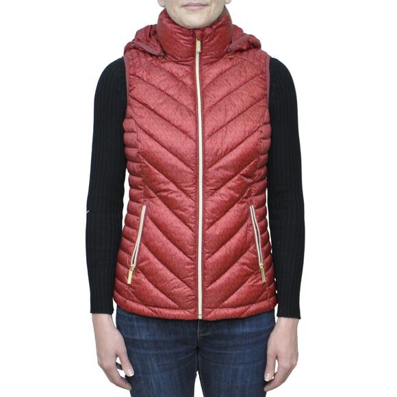 Michael Kors MK Logo Hooded Puffer Vest Jacket Dark Brandy XS $250 Nwt - Picture 2 of 4